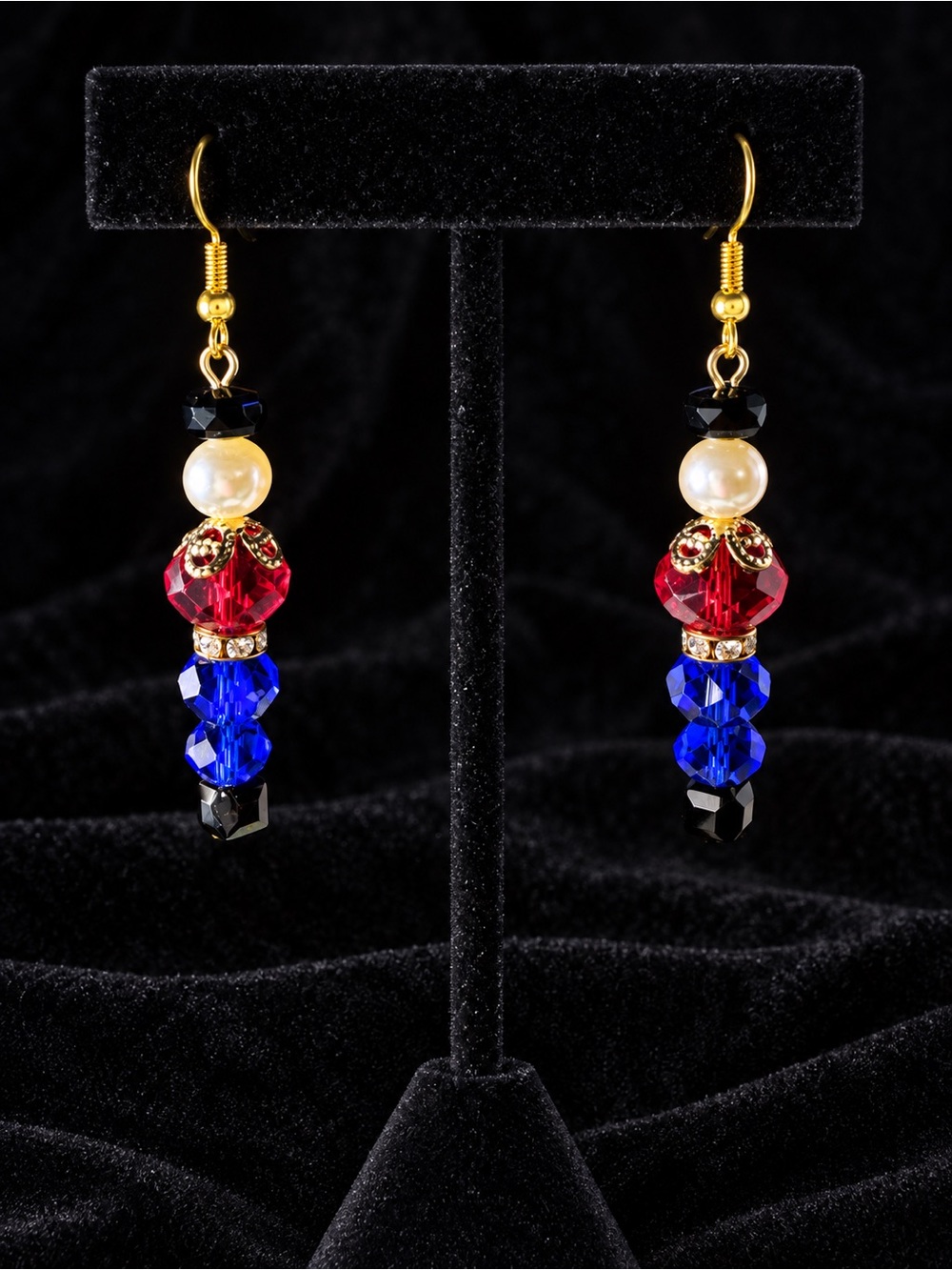 Handcrafted Toy Soldier Gold, Pearl, Red, Blue & Black Beaded Drop Earrings